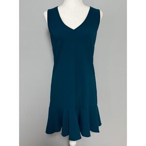 Boston Proper V-Neck Ruffle Flounce Hem Sleeveless Shift Dress Teal Size Small